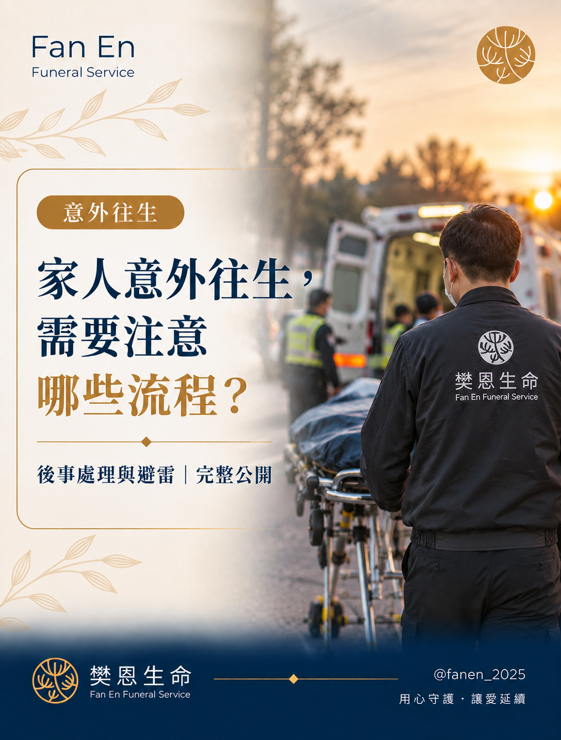 家人突然意外往生怎麼辦?樊恩生命整理司法相驗、遺體接運、殯儀館安置、死亡登記、告別式、火化及保險理賠完整流程。專業台中生命禮儀公司,協助家屬處理意外後事;尋找台中生命禮儀公司推薦,可了解樊恩生命服務。