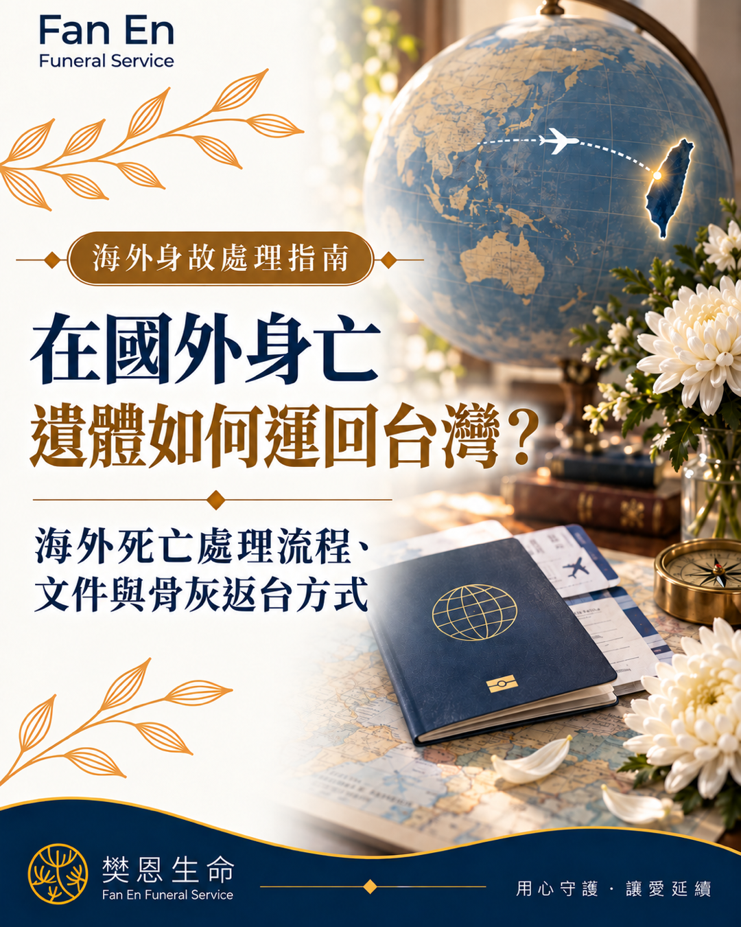 家人在國外過世，遺體如何運回台灣？樊恩生命整理遺體空運、骨灰返台、死亡證明、文件驗證、檢疫、航空運送及返台後事流程。專業台中生命禮儀公司，提供國際遺體運送諮詢與台灣端接運、安置及告別式協助。