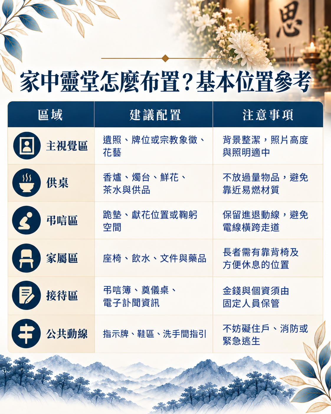 家人往生後可以在家設靈堂嗎？完整整理居家靈堂設置流程、靈位與遺照布置、香燭供品、治喪動線、習俗禁忌及公寓大樓注意事項。尋找台中生命禮儀公司推薦，樊恩生命提供居家靈堂評估、布置與後事規劃協助。